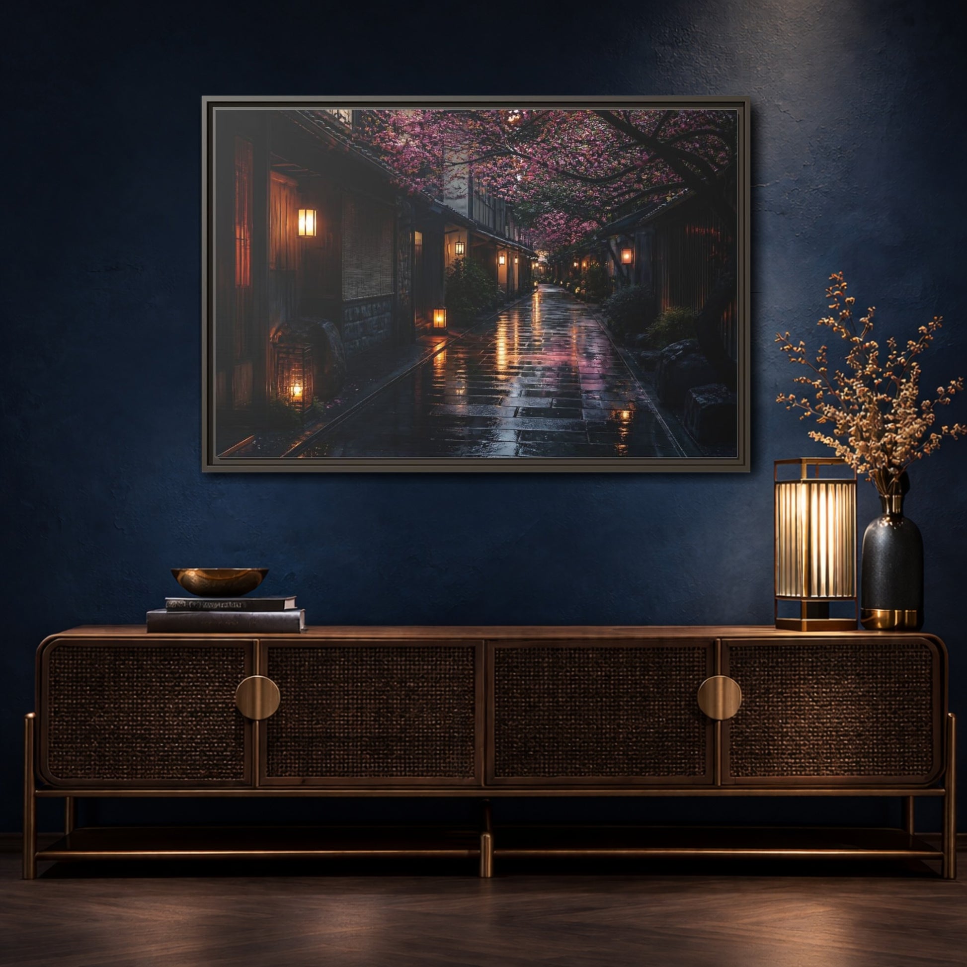 Mockup 4. Lantern-Lit Cherry Alley shown as framed canvas print