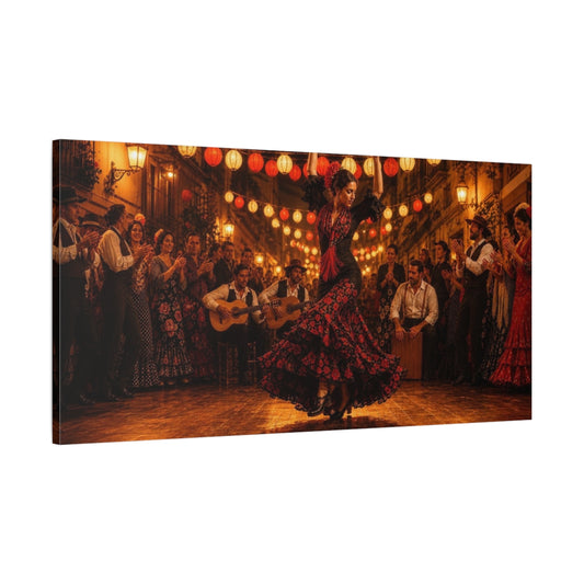 Main Mockup. Lantern-Lit Flamenco Night shown as canvas print