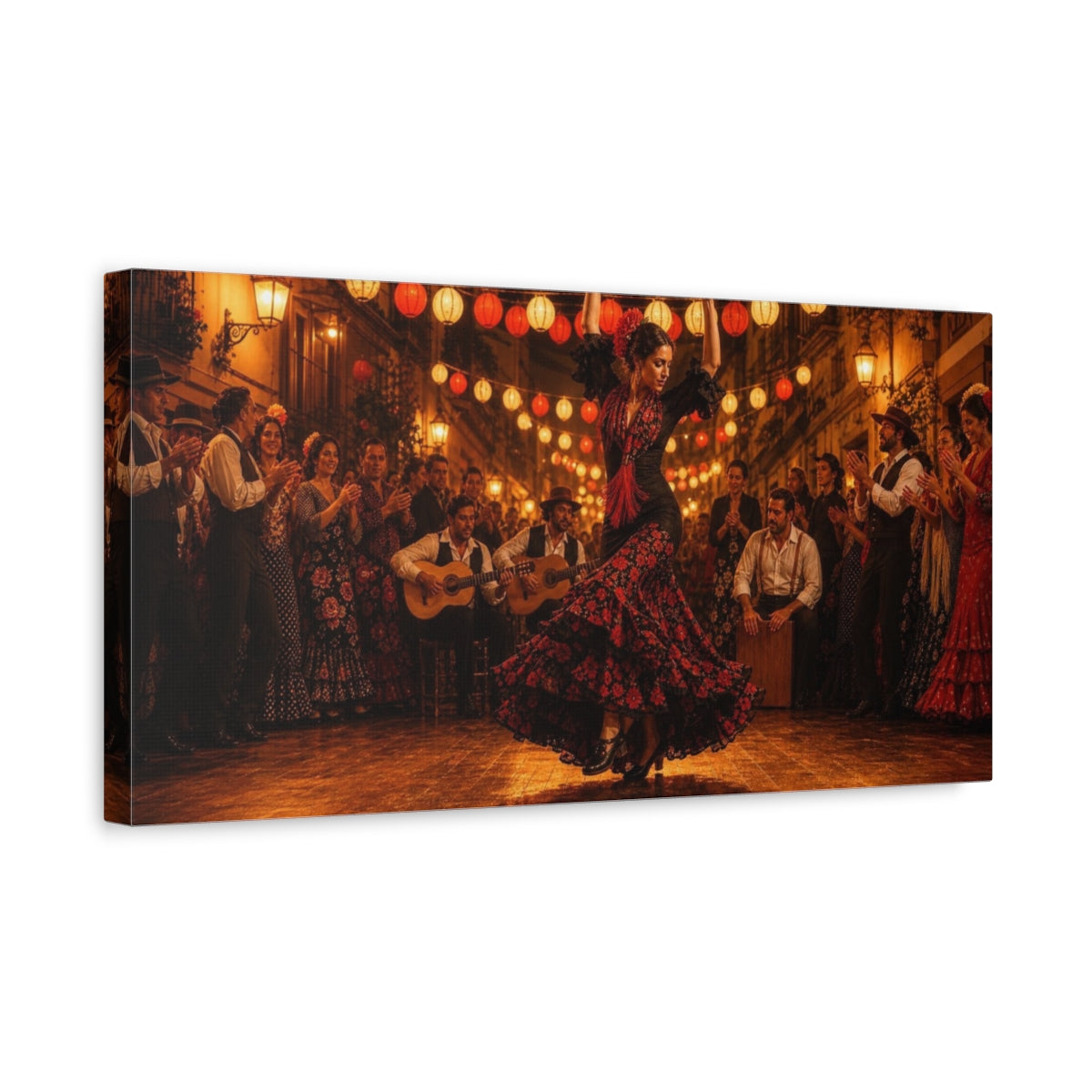 Side Mockup 3. Lantern-Lit Flamenco Night shown as canvas print