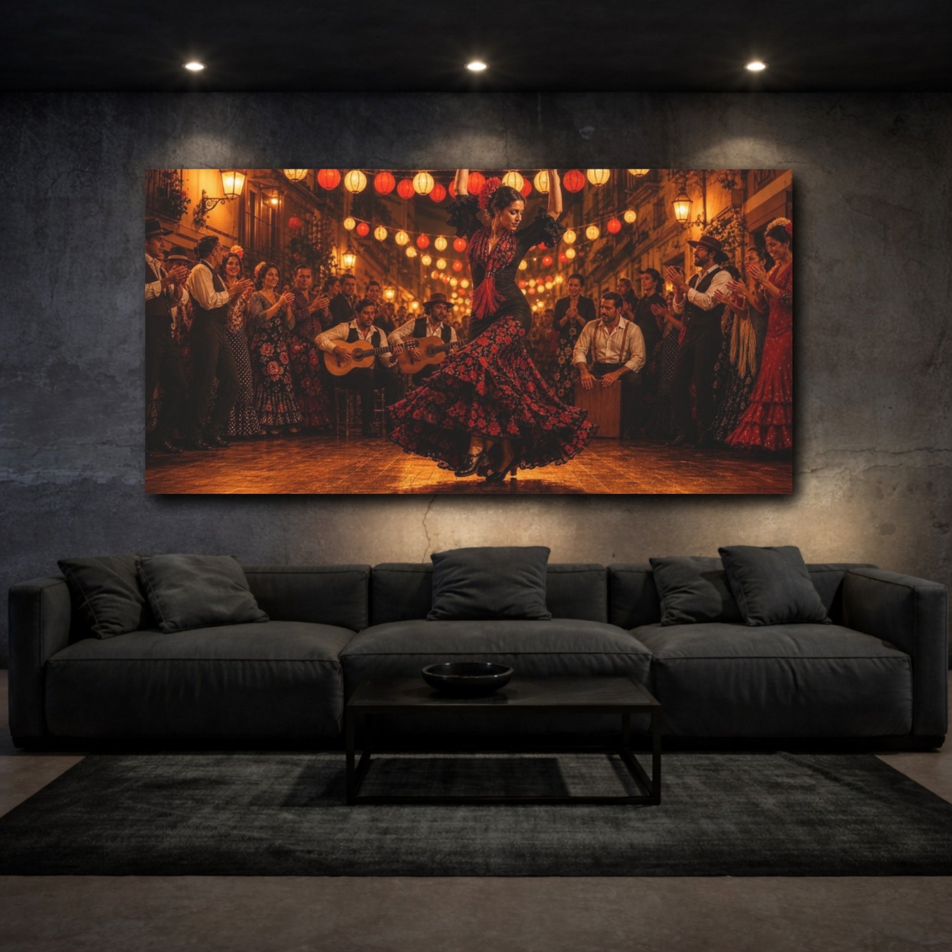 Mockup 3. Lantern-Lit Flamenco Night shown as canvas print