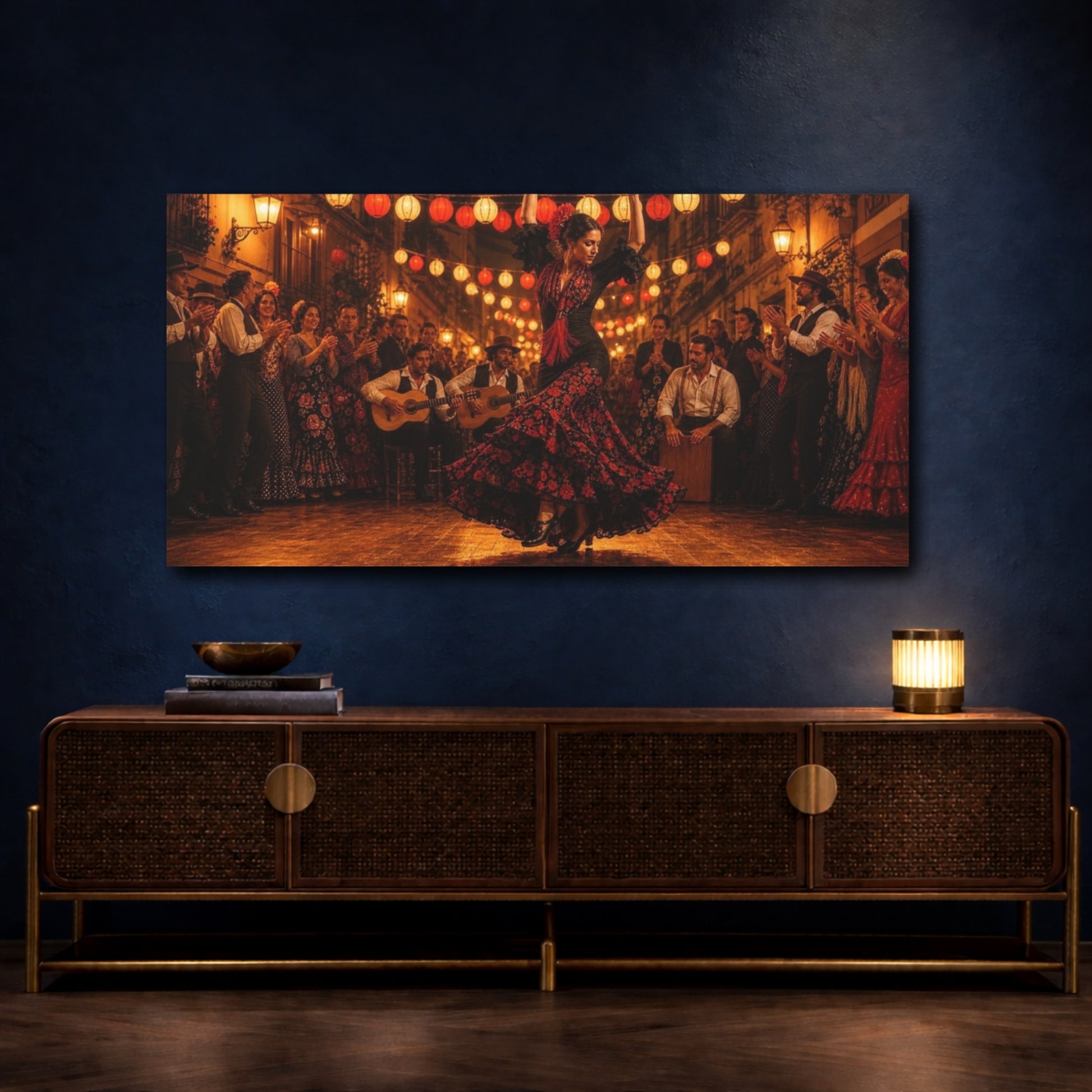 Mockup 4. Lantern-Lit Flamenco Night shown as canvas print