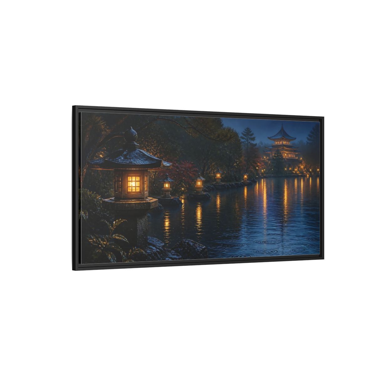 Side Mockup 5. Lantern-Lit Garden Pond shown as framed canvas print
