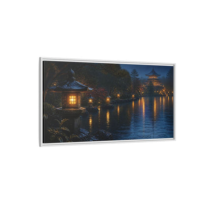 Side Mockup 3. Lantern-Lit Garden Pond shown as framed canvas print