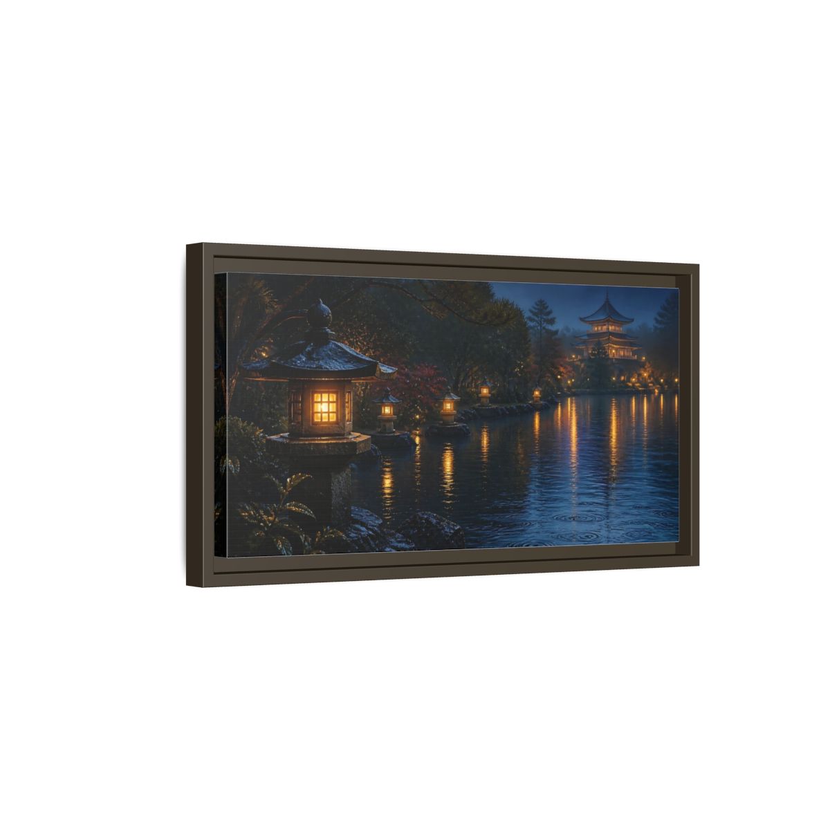 Side Mockup 7. Lantern-Lit Garden Pond shown as framed canvas print