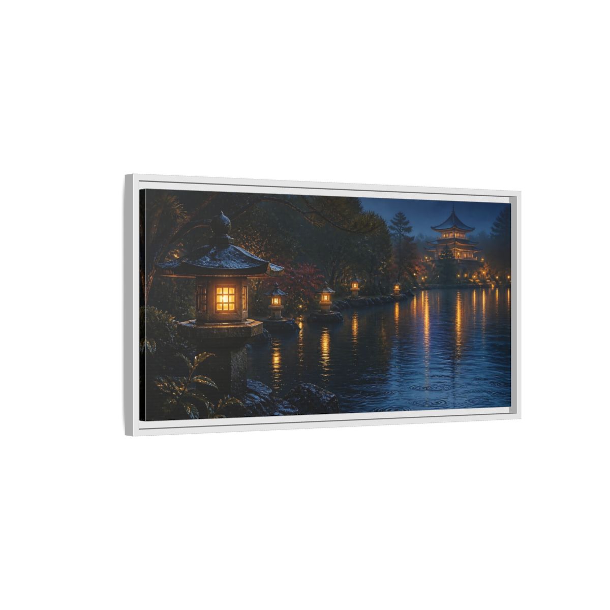 Side Mockup 1. Lantern-Lit Garden Pond shown as framed canvas print