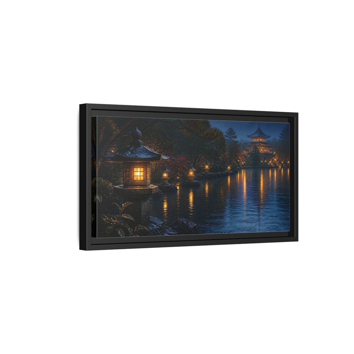 Side Mockup 8. Lantern-Lit Garden Pond shown as framed canvas print