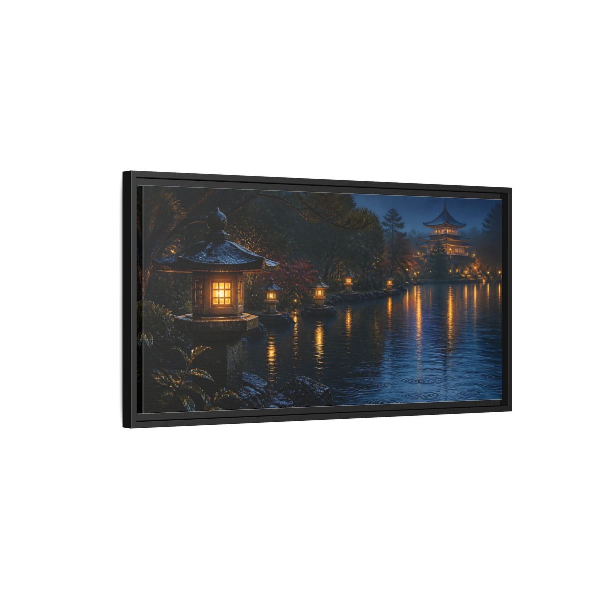 Side Mockup 2. Lantern-Lit Garden Pond shown as framed canvas print