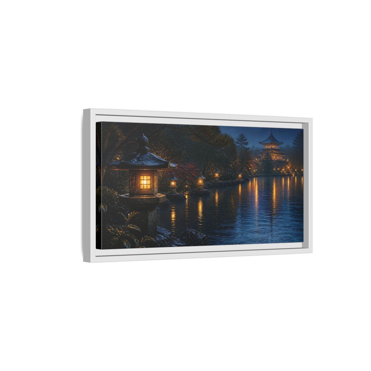 Side Mockup 6. Lantern-Lit Garden Pond shown as framed canvas print