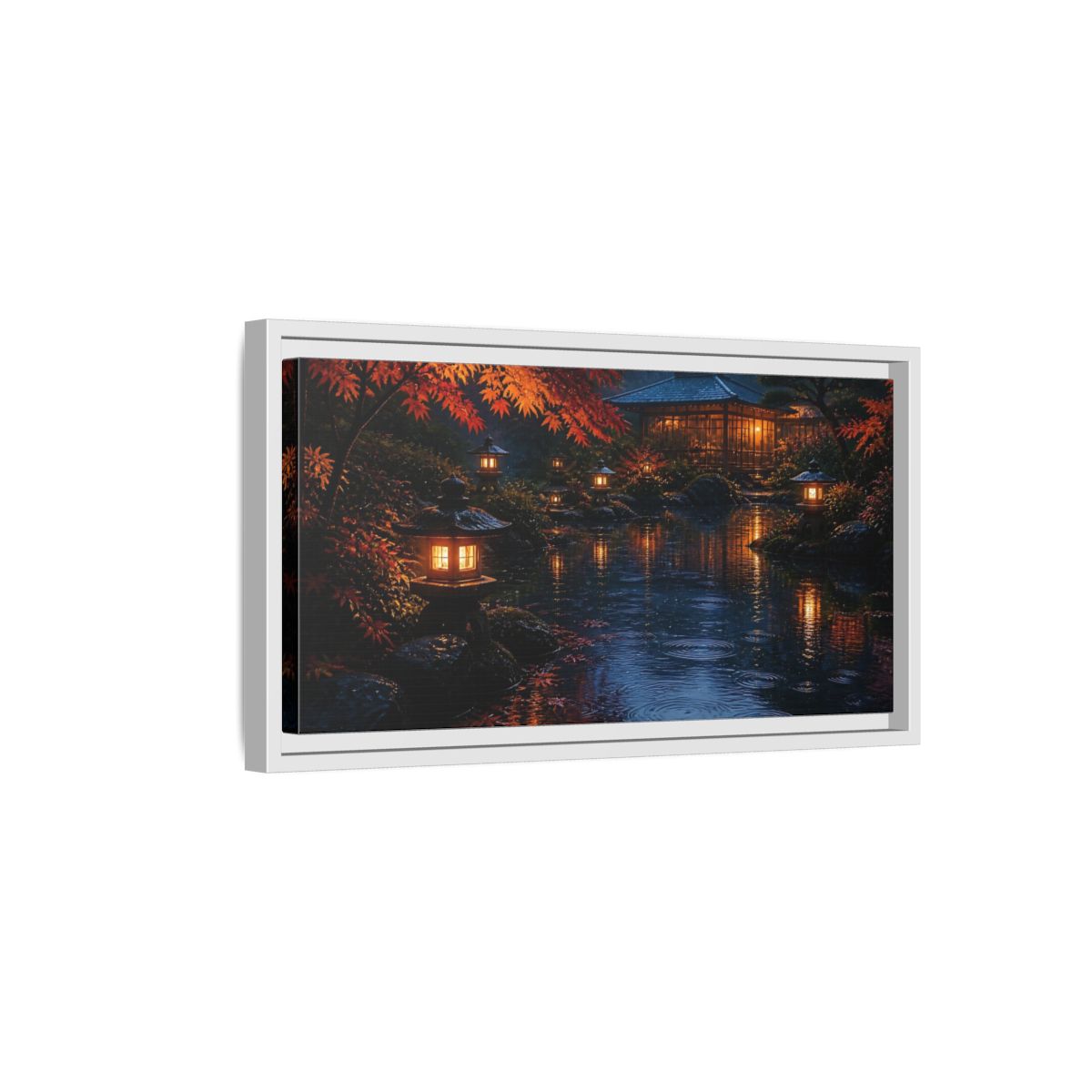 Side Mockup 6. Lantern-Lit Garden Pond shown as framed canvas print