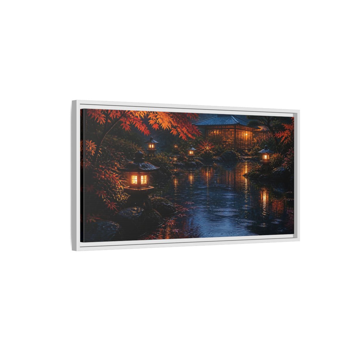 Side Mockup 1. Lantern-Lit Garden Pond shown as framed canvas print