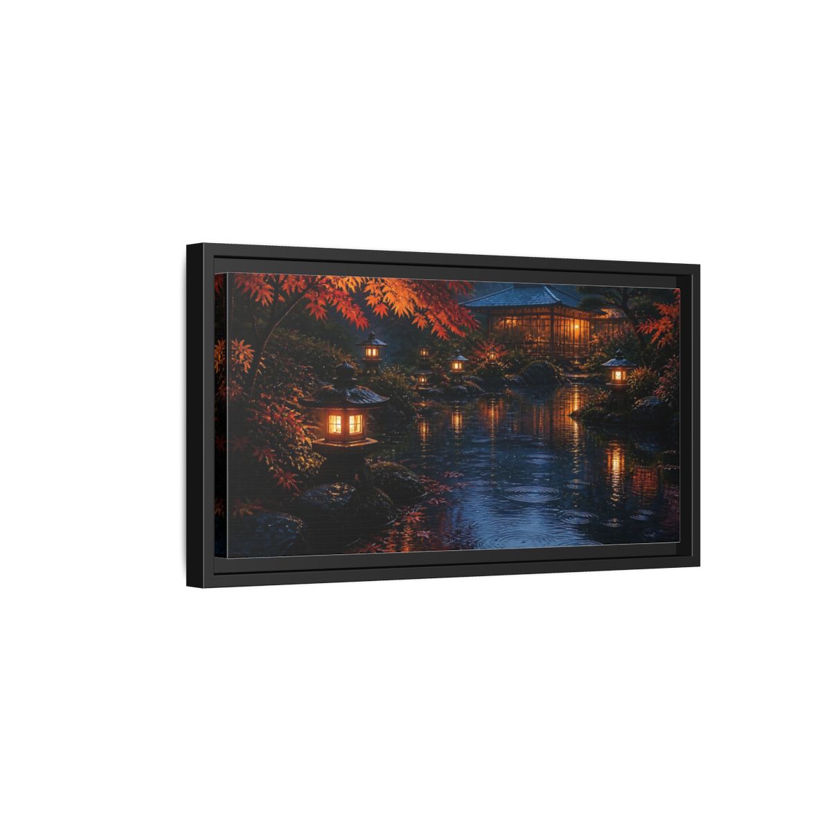 Side Mockup 8. Lantern-Lit Garden Pond shown as framed canvas print