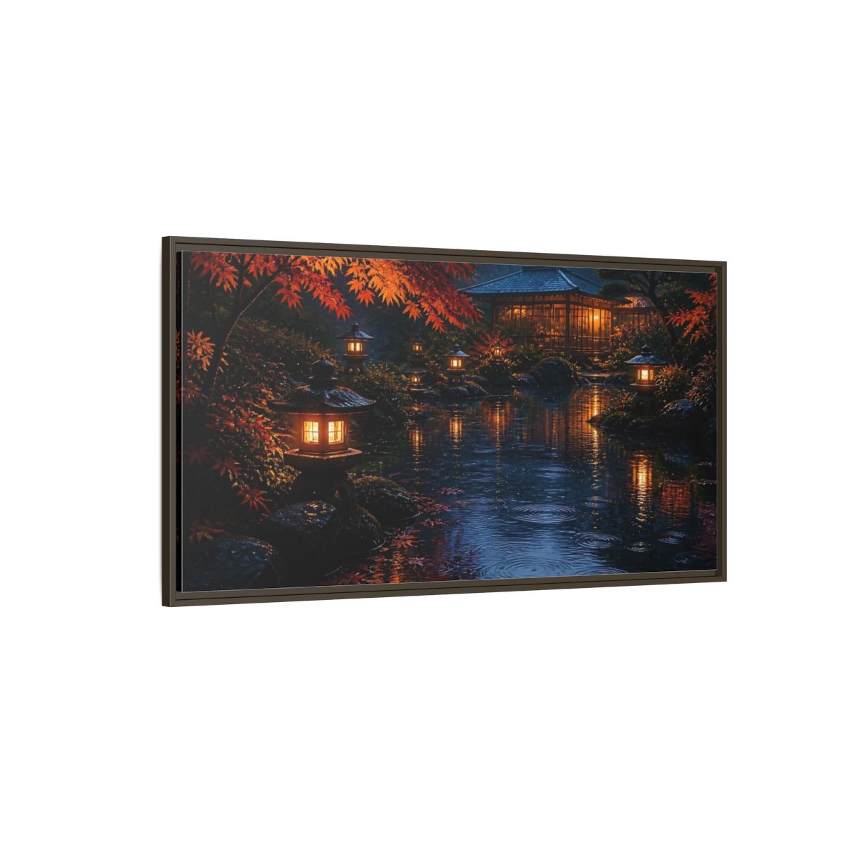 Side Mockup 4. Lantern-Lit Garden Pond shown as framed canvas print