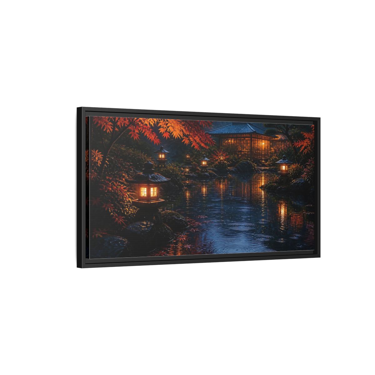 Side Mockup 2. Lantern-Lit Garden Pond shown as framed canvas print