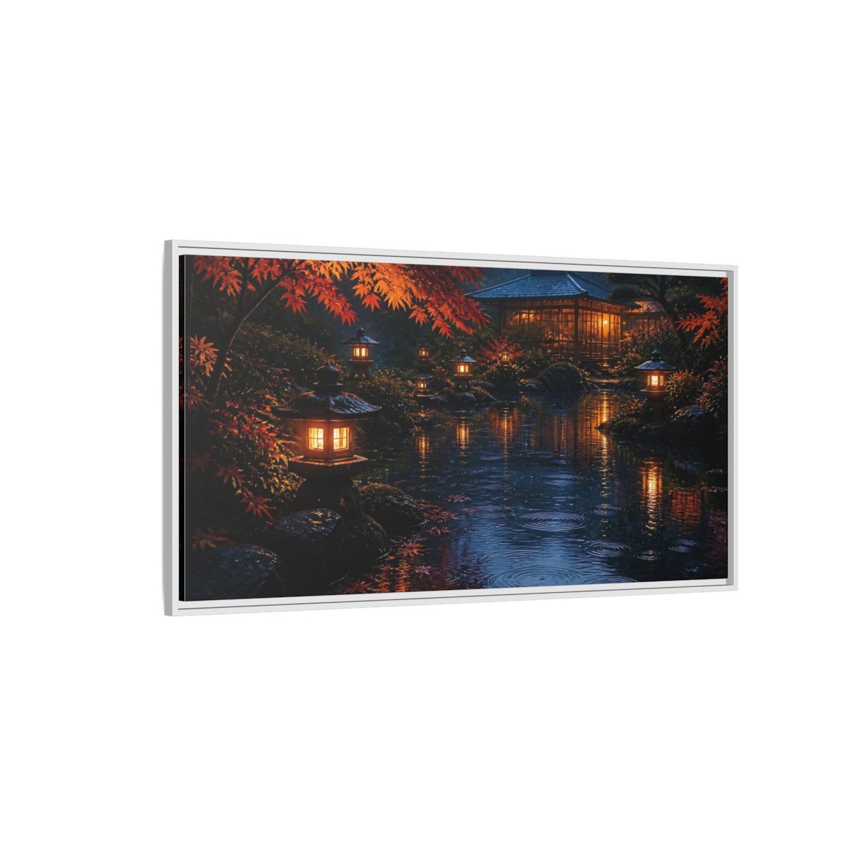 Side Mockup 3. Lantern-Lit Garden Pond shown as framed canvas print