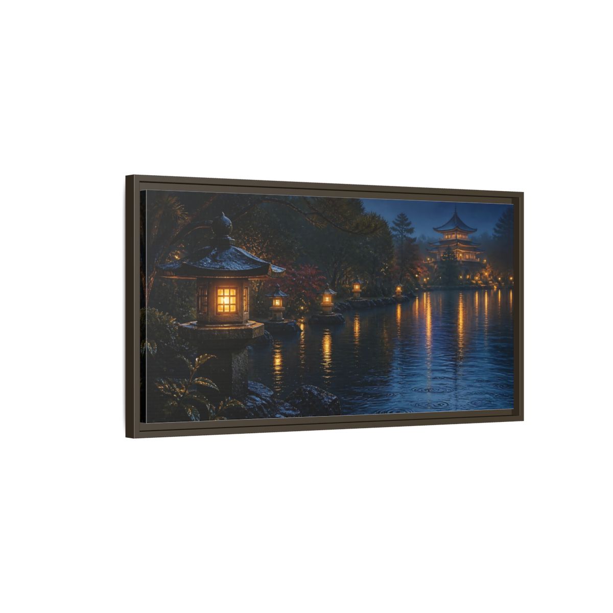 Main Mockup. Lantern-Lit Garden Pond shown as framed canvas print