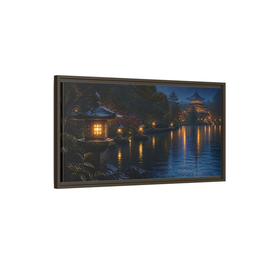 Main Mockup. Lantern-Lit Garden Pond shown as framed canvas print