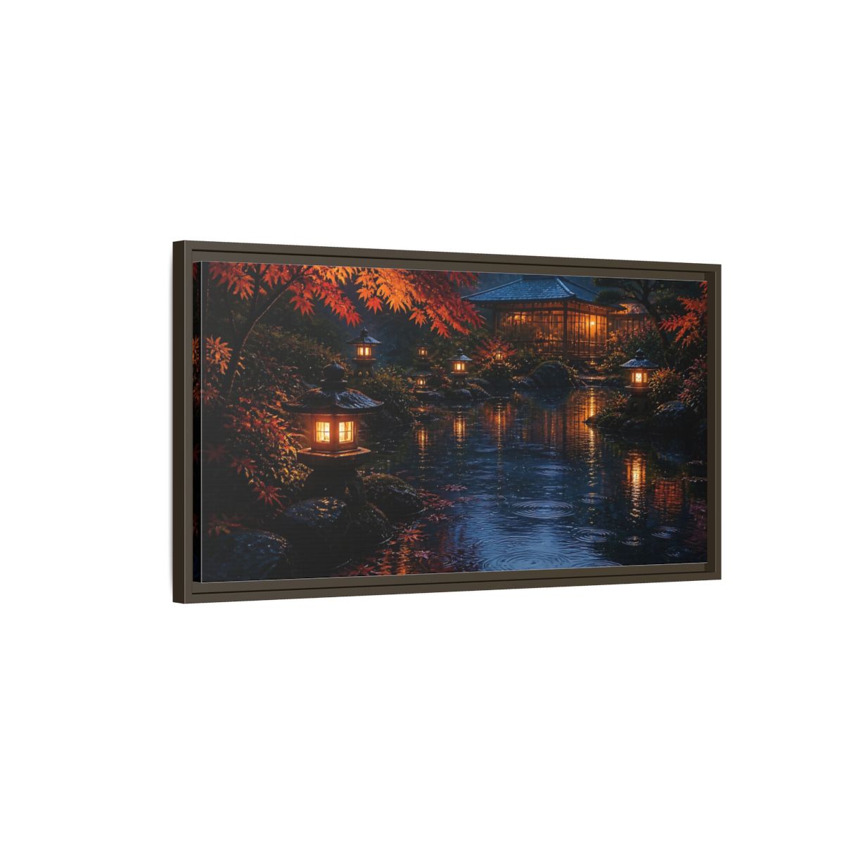 Main Mockup. Lantern-Lit Garden Pond shown as framed canvas print