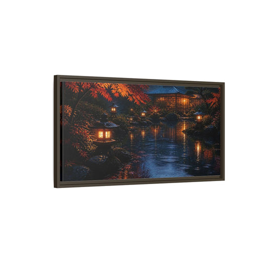 Main Mockup. Lantern-Lit Garden Pond shown as framed canvas print