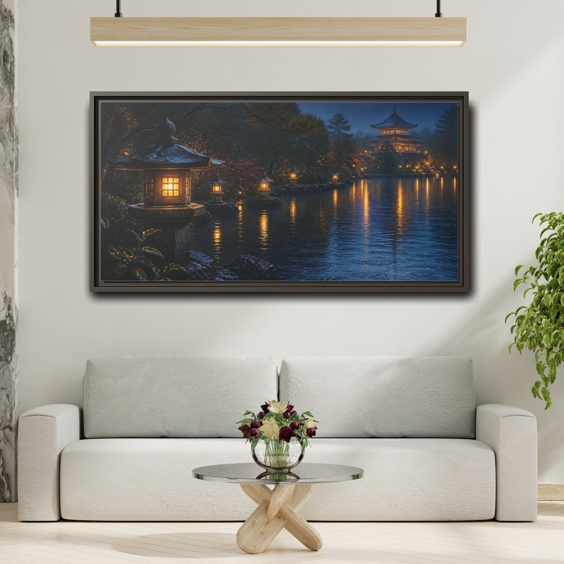 Mockup 2. Lantern-Lit Garden Pond shown as framed canvas print