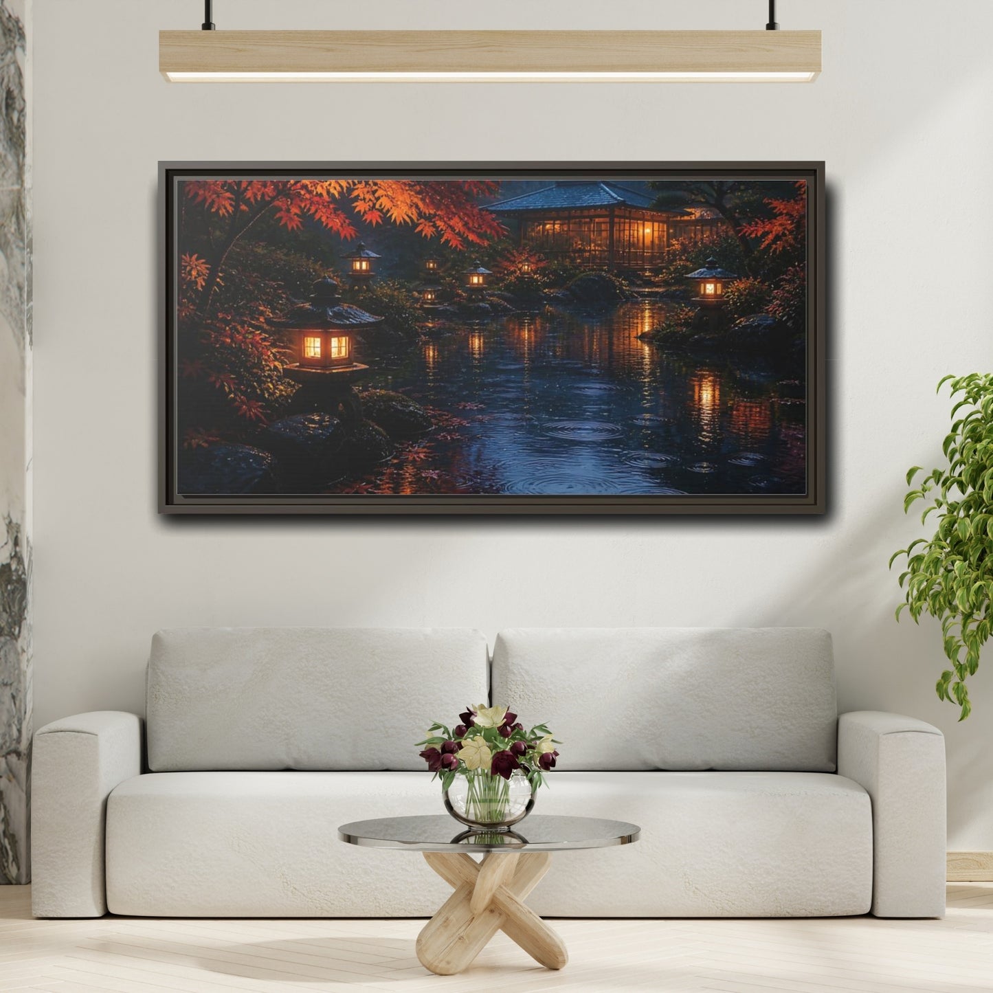 Mockup 2. Lantern-Lit Garden Pond shown as framed canvas print