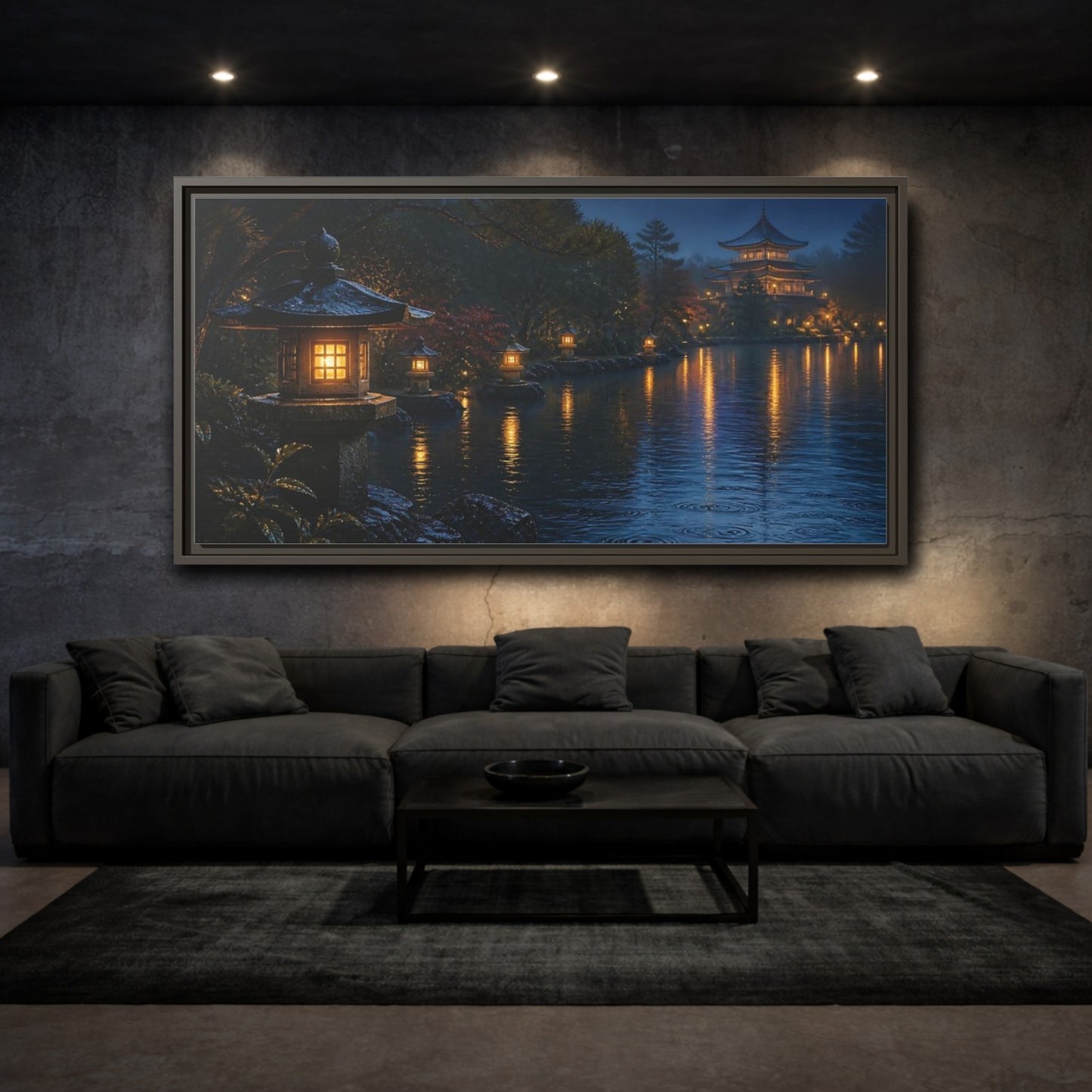 Mockup 3. Lantern-Lit Garden Pond shown as framed canvas print