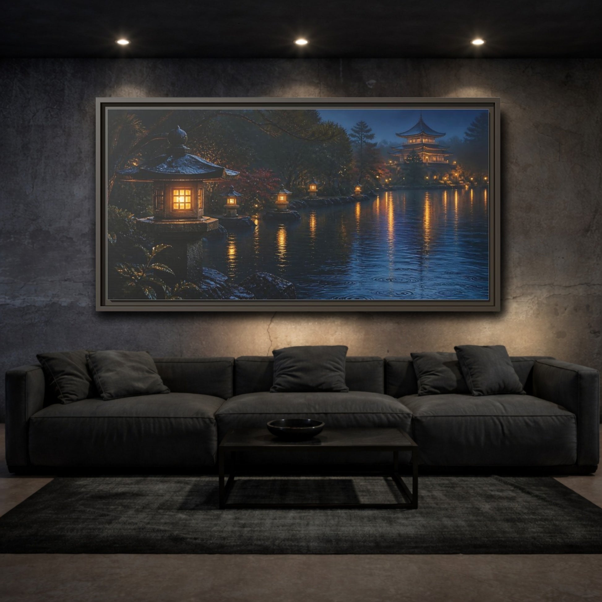 Mockup 3. Lantern-Lit Garden Pond shown as framed canvas print