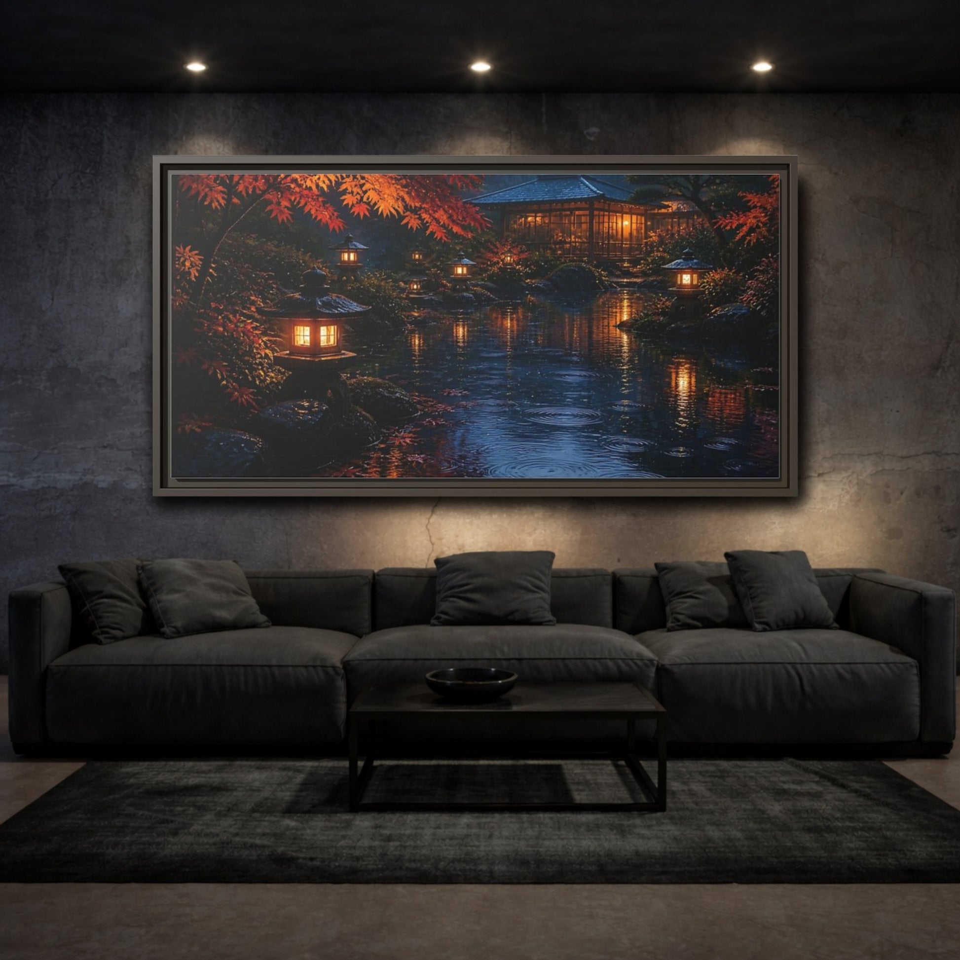 Mockup 3. Lantern-Lit Garden Pond shown as framed canvas print