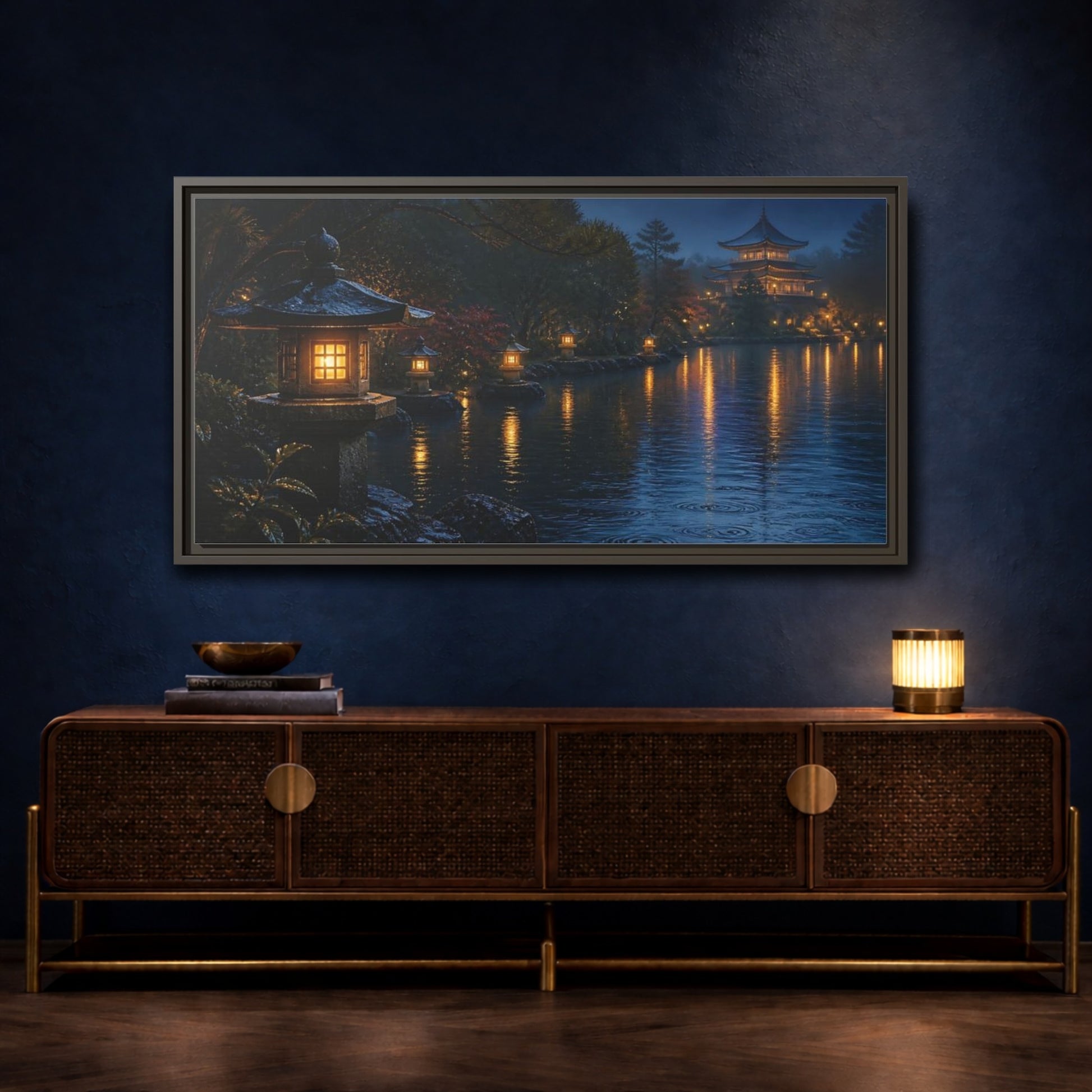 Mockup 4. Lantern-Lit Garden Pond shown as framed canvas print