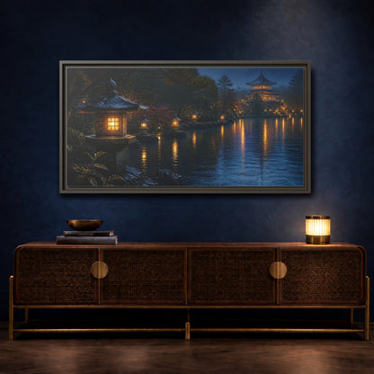 Mockup 4. Lantern-Lit Garden Pond shown as framed canvas print