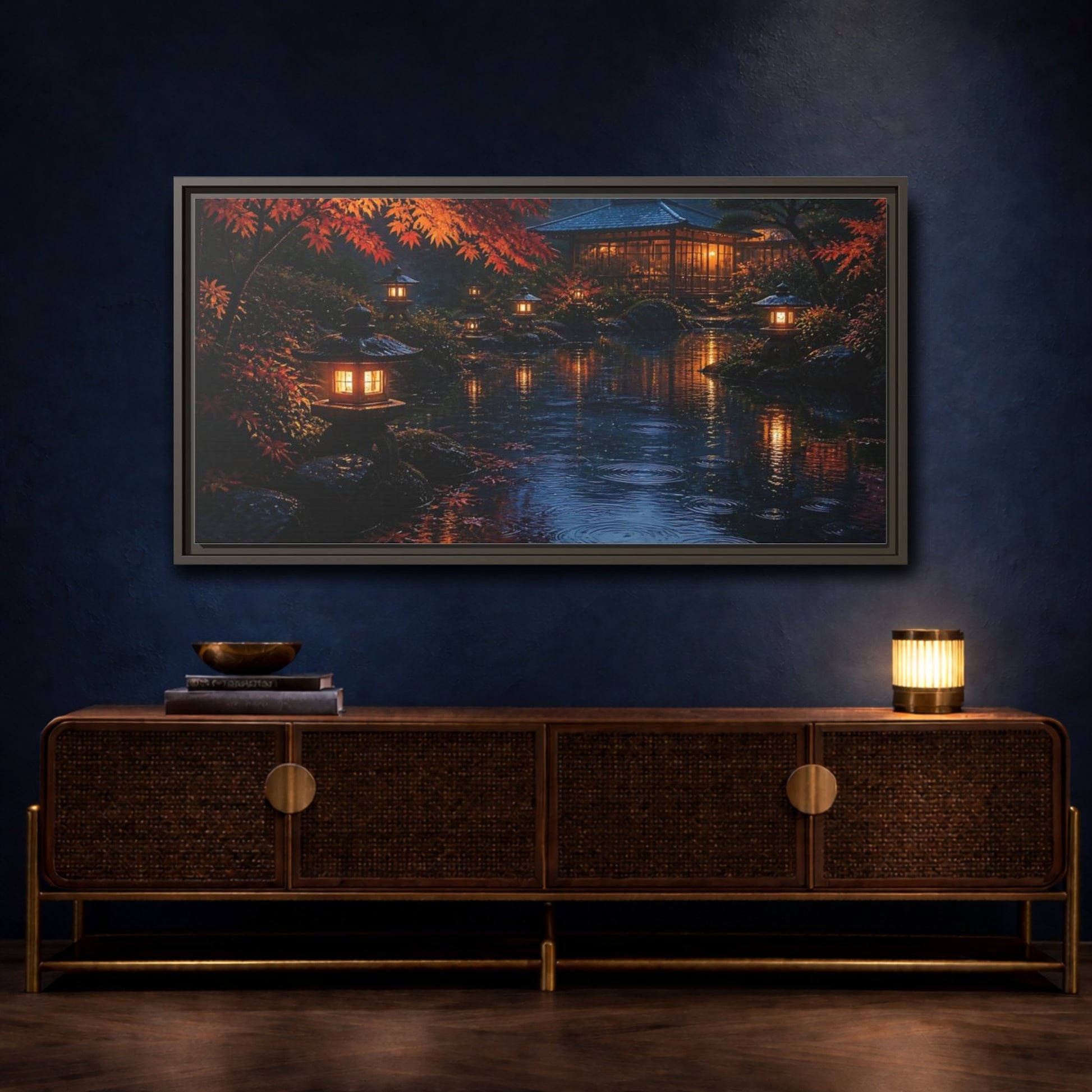 Mockup 4. Lantern-Lit Garden Pond shown as framed canvas print