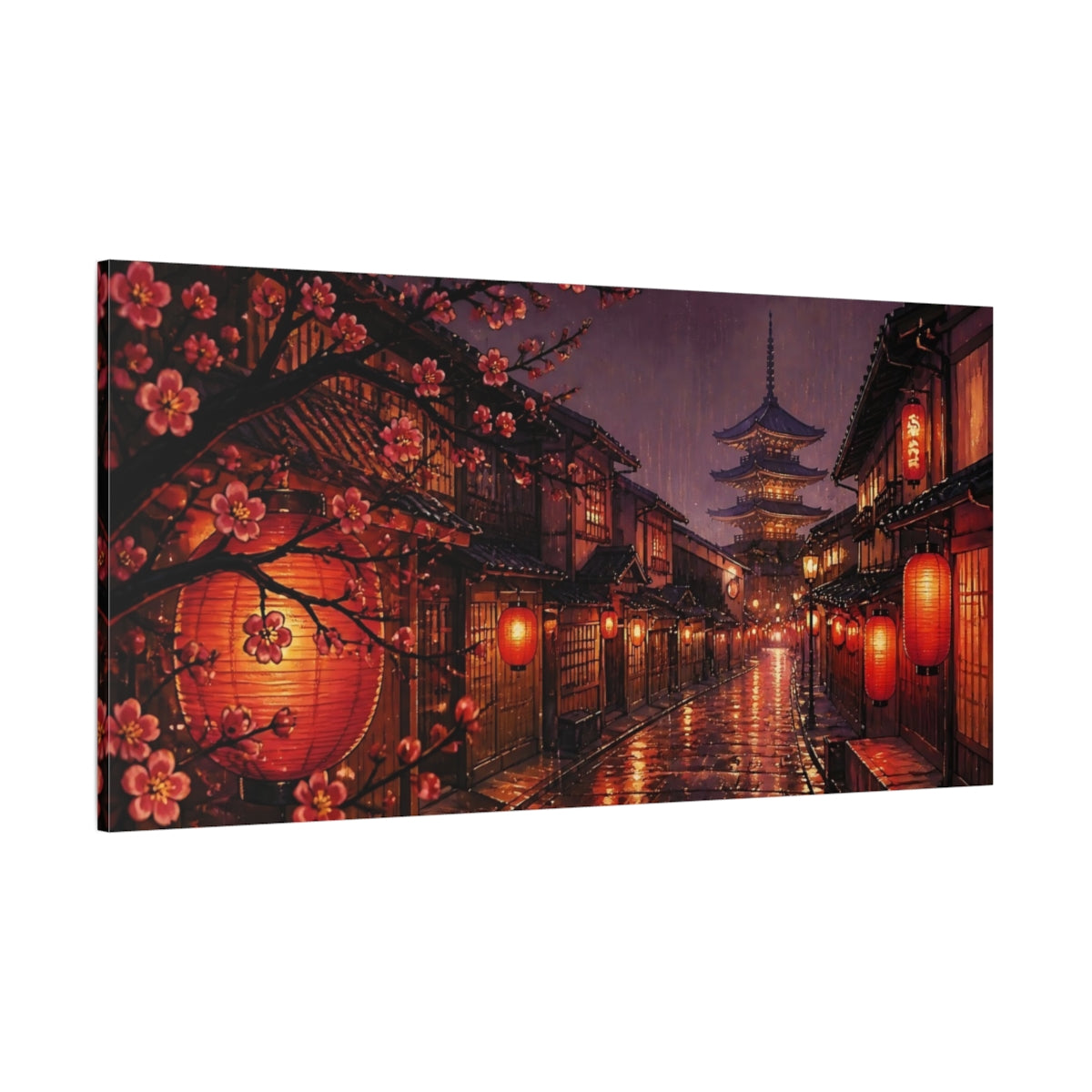 Side Mockup 2. Lantern-Lit Pagoda Street shown as canvas print