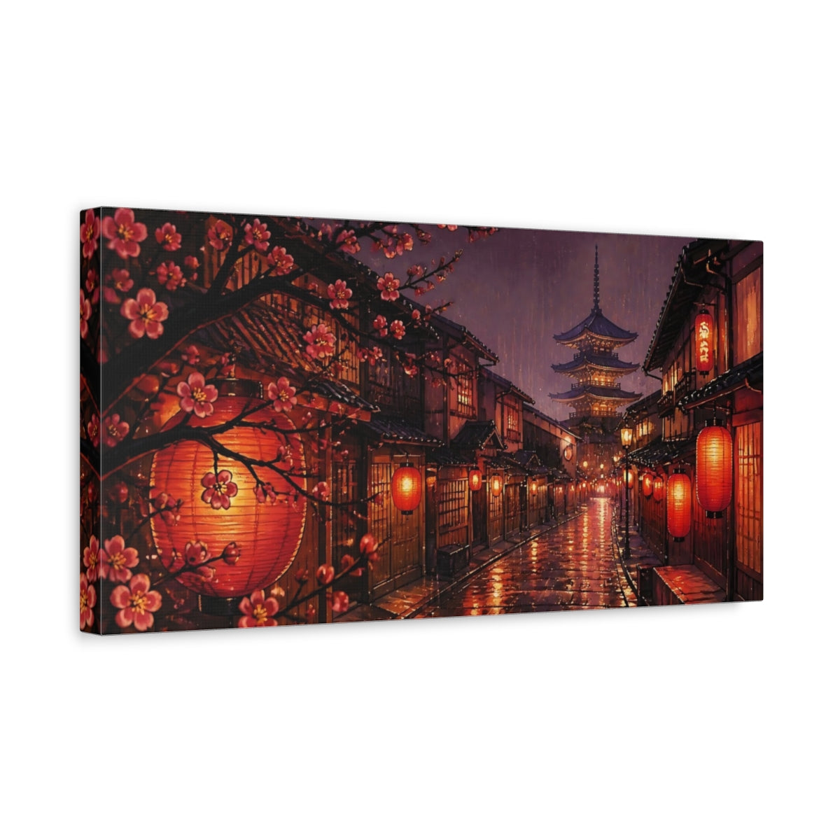 Side Mockup 3. Lantern-Lit Pagoda Street shown as canvas print