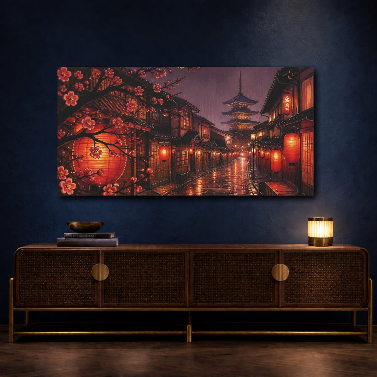 Mockup 4. Lantern-Lit Pagoda Street shown as canvas print
