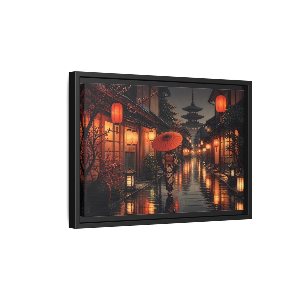 Side Mockup 6. Lantern-Lit Rainy Alley shown as framed canvas print