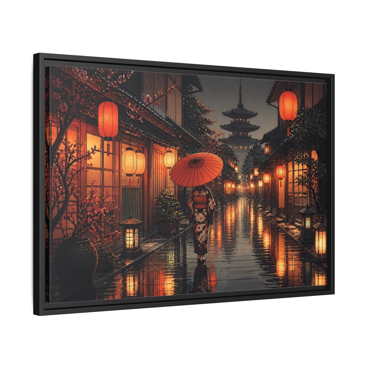 Side Mockup 14. Lantern-Lit Rainy Alley shown as framed canvas print