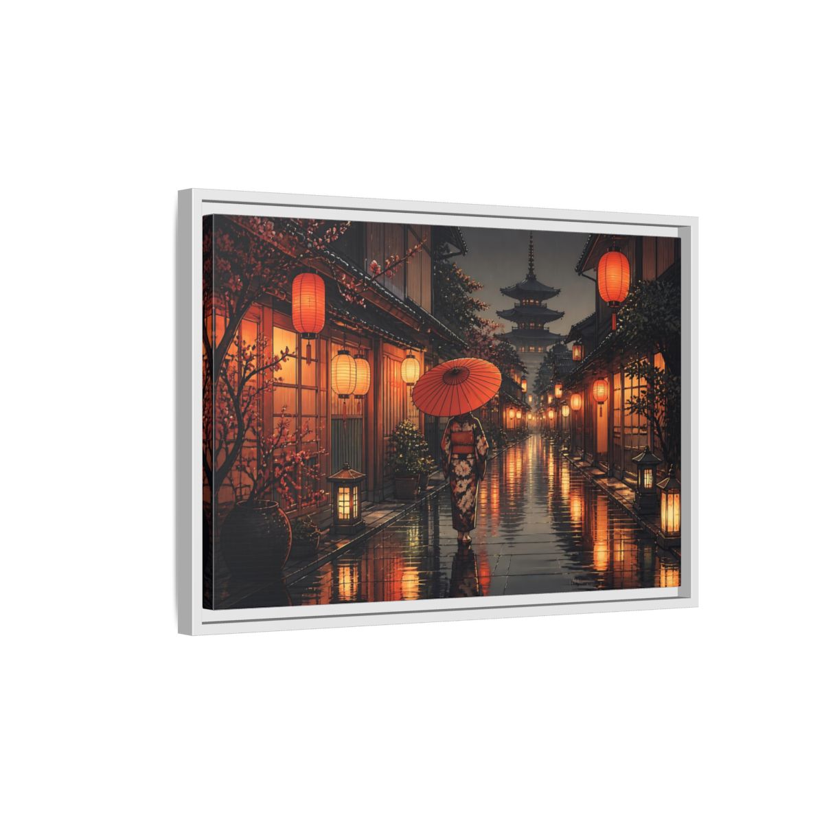Side Mockup 1. Lantern-Lit Rainy Alley shown as framed canvas print