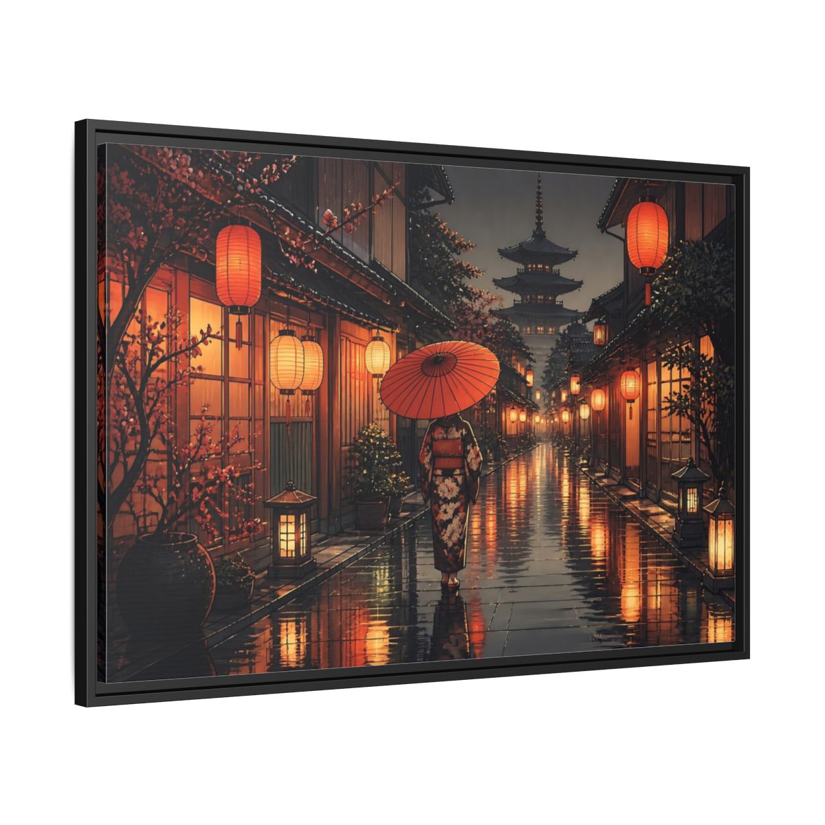 Side Mockup 13. Lantern-Lit Rainy Alley shown as framed canvas print