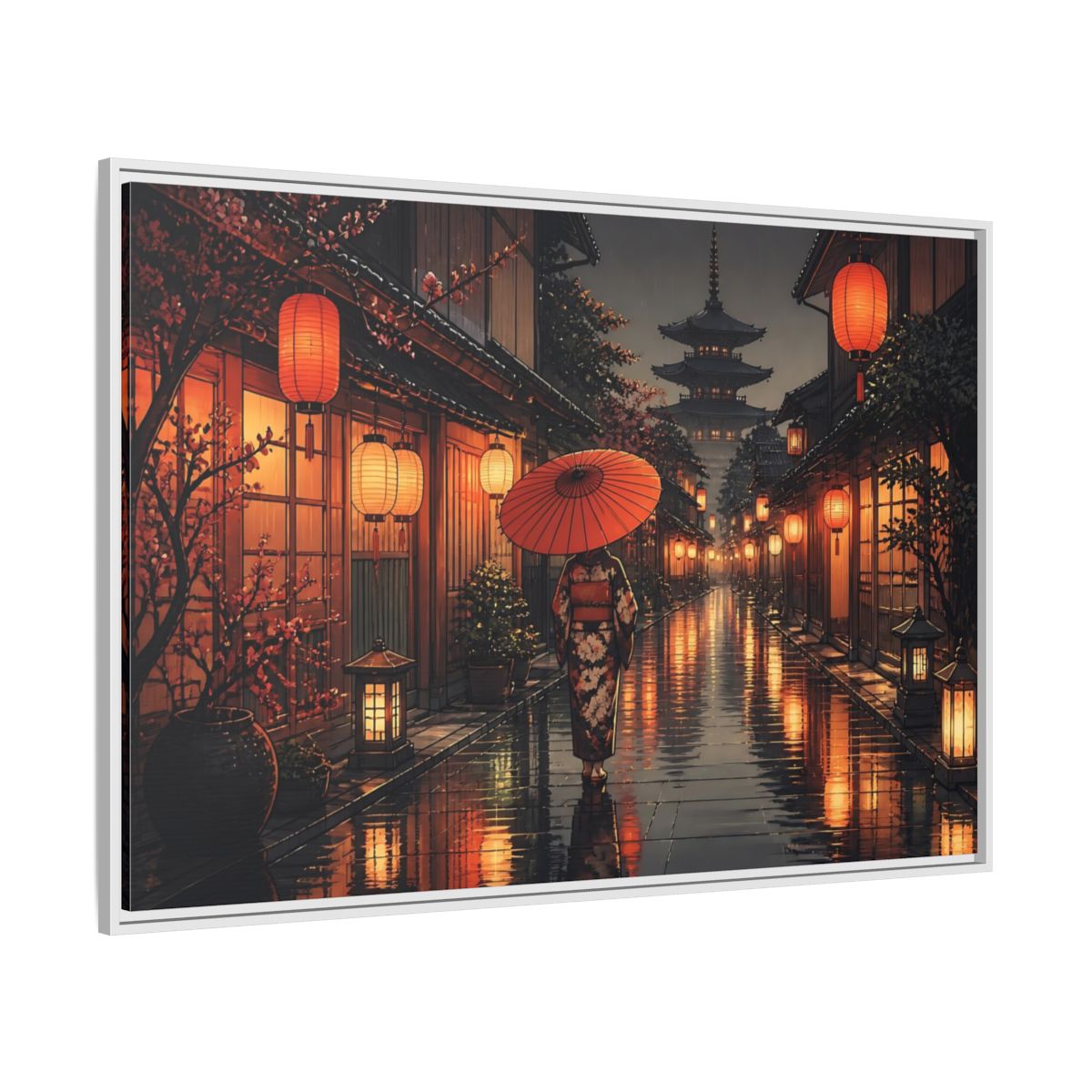 Side Mockup 7. Lantern-Lit Rainy Alley shown as framed canvas print