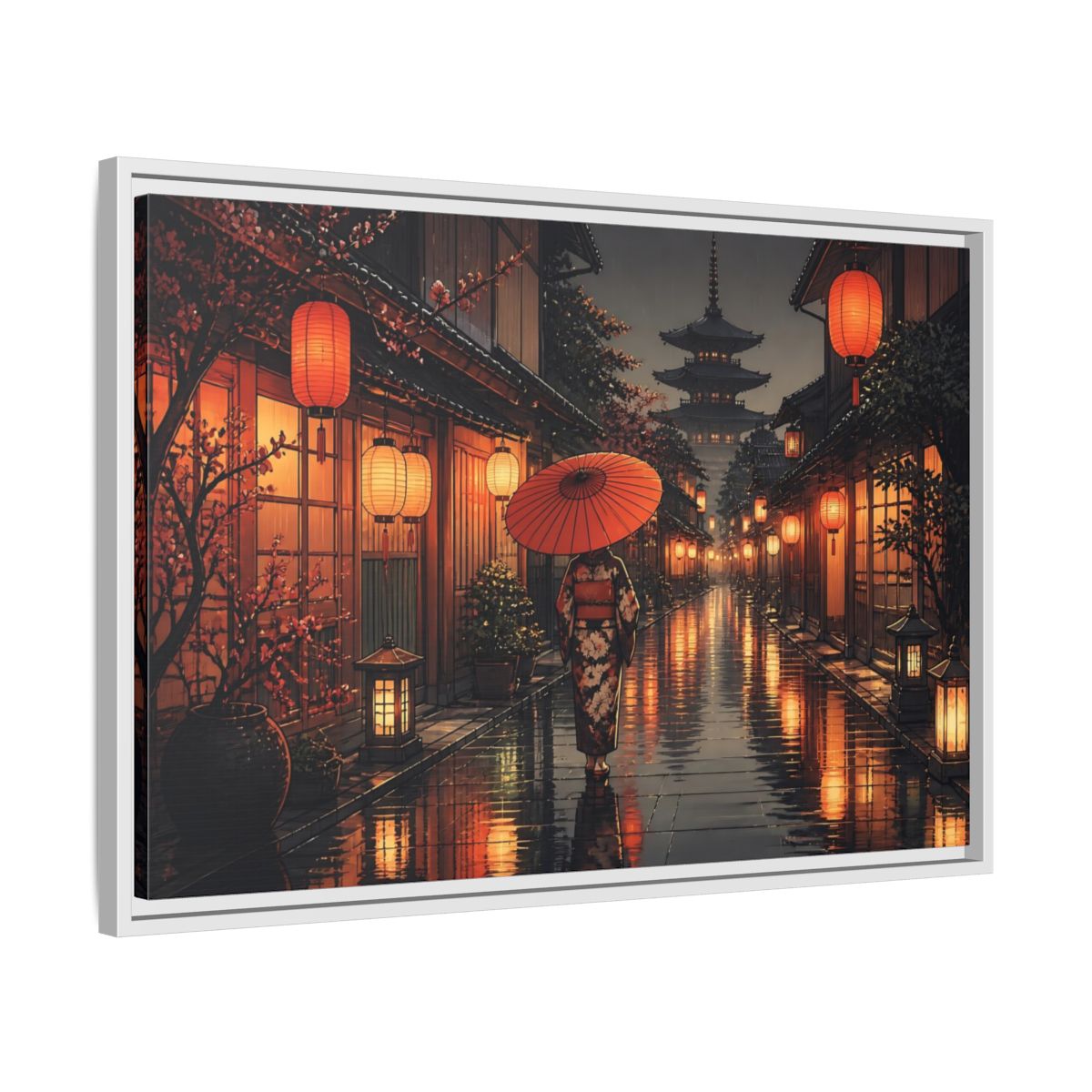 Side Mockup 10. Lantern-Lit Rainy Alley shown as framed canvas print