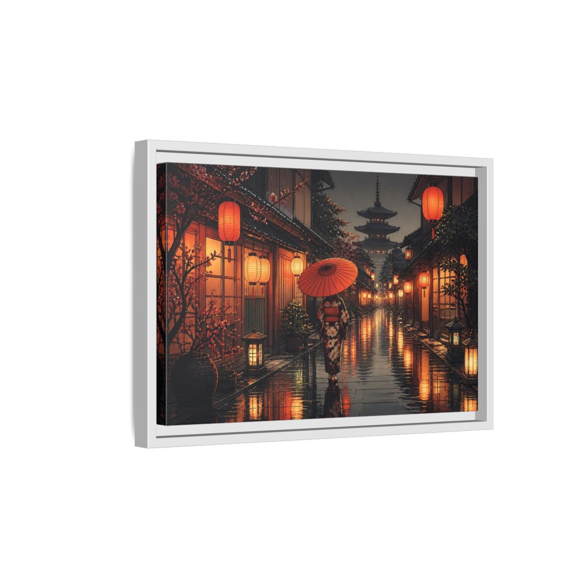 Side Mockup 4. Lantern-Lit Rainy Alley shown as framed canvas print