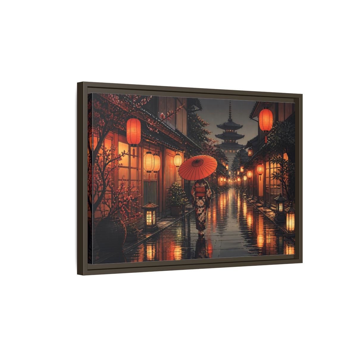 Side Mockup 2. Lantern-Lit Rainy Alley shown as framed canvas print