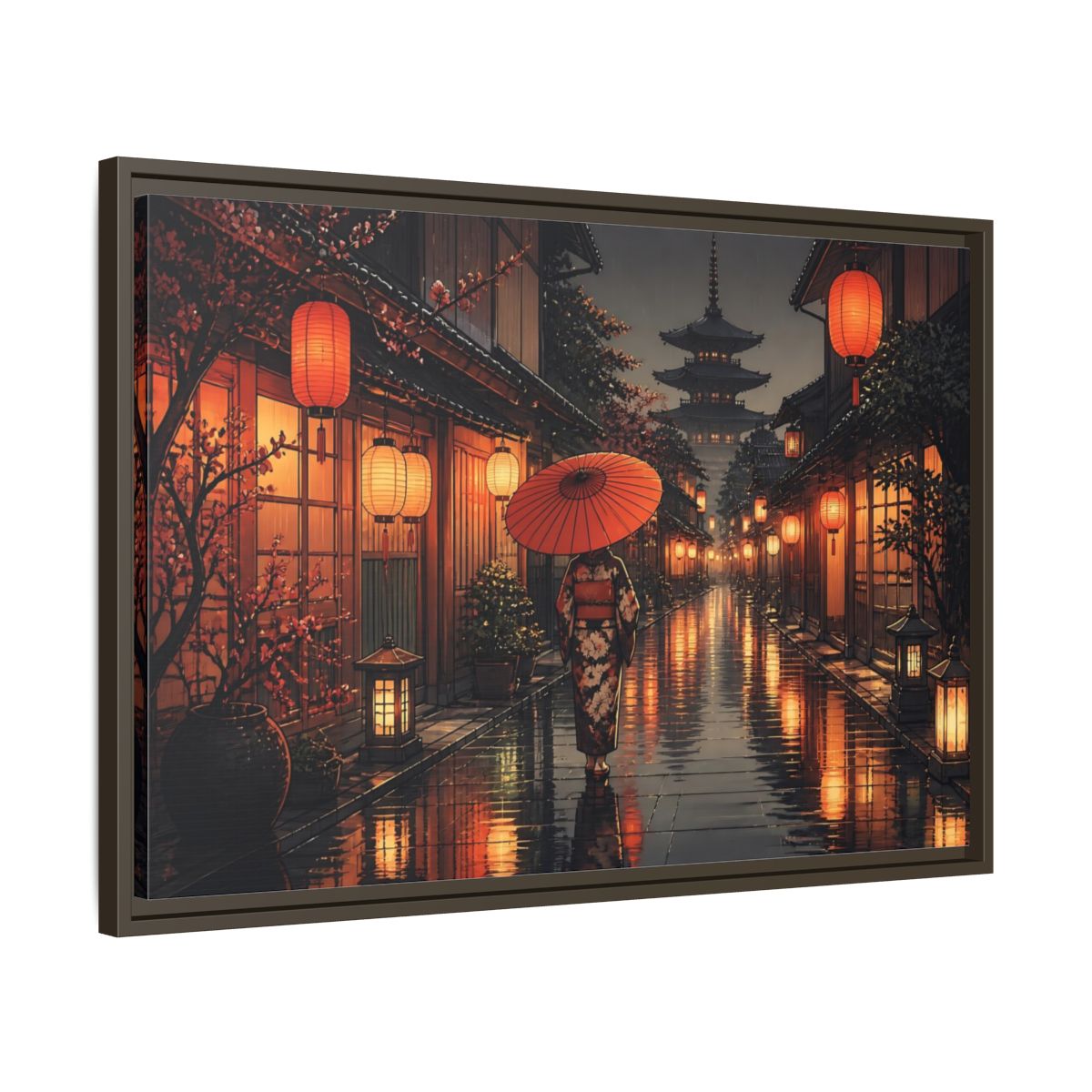 Side Mockup 11. Lantern-Lit Rainy Alley shown as framed canvas print