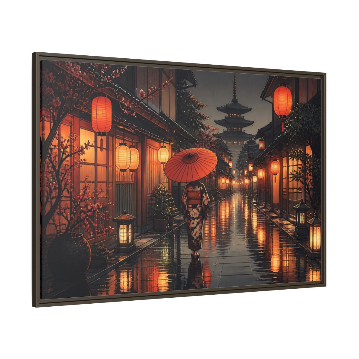Side Mockup 8. Lantern-Lit Rainy Alley shown as framed canvas print
