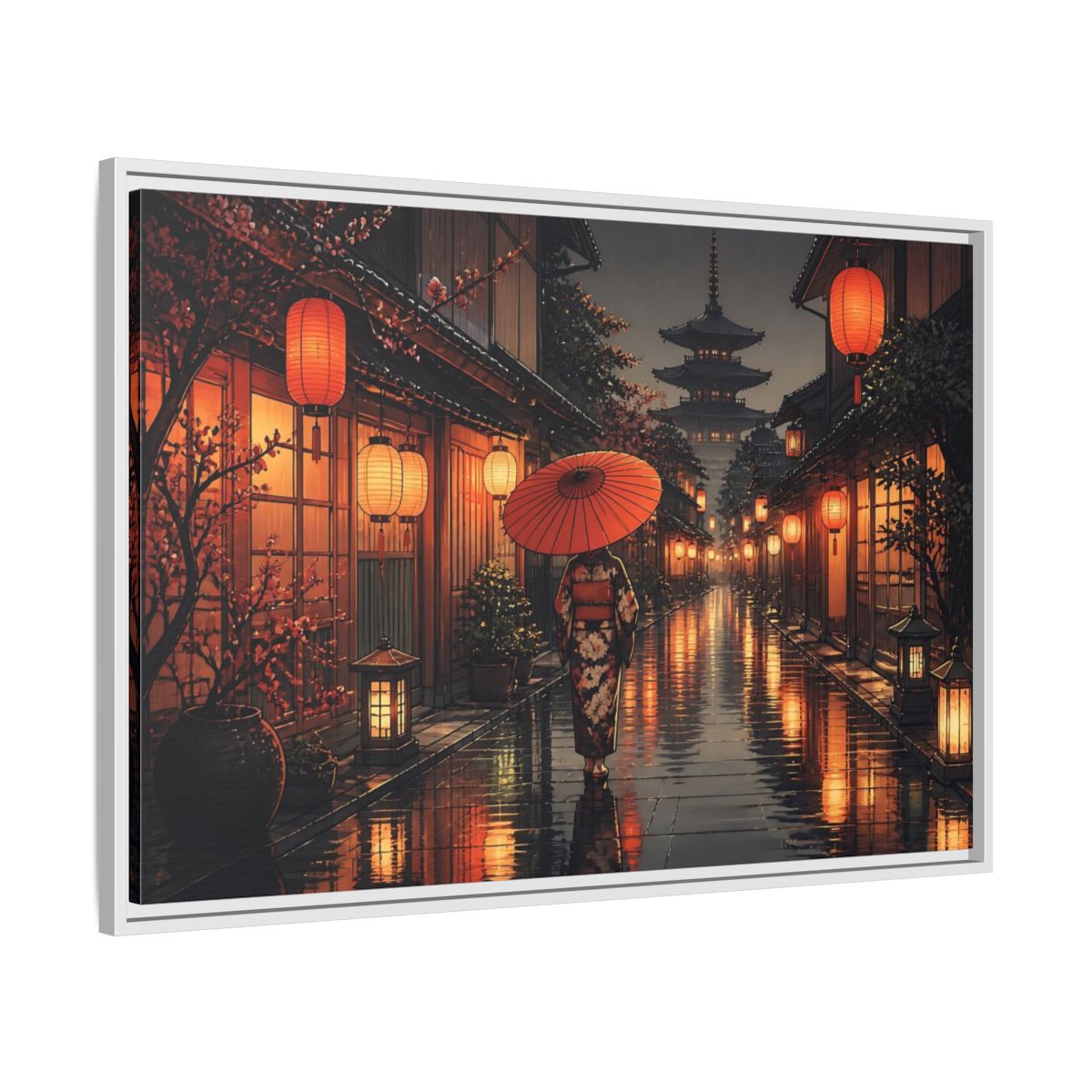 Side Mockup 9. Lantern-Lit Rainy Alley shown as framed canvas print
