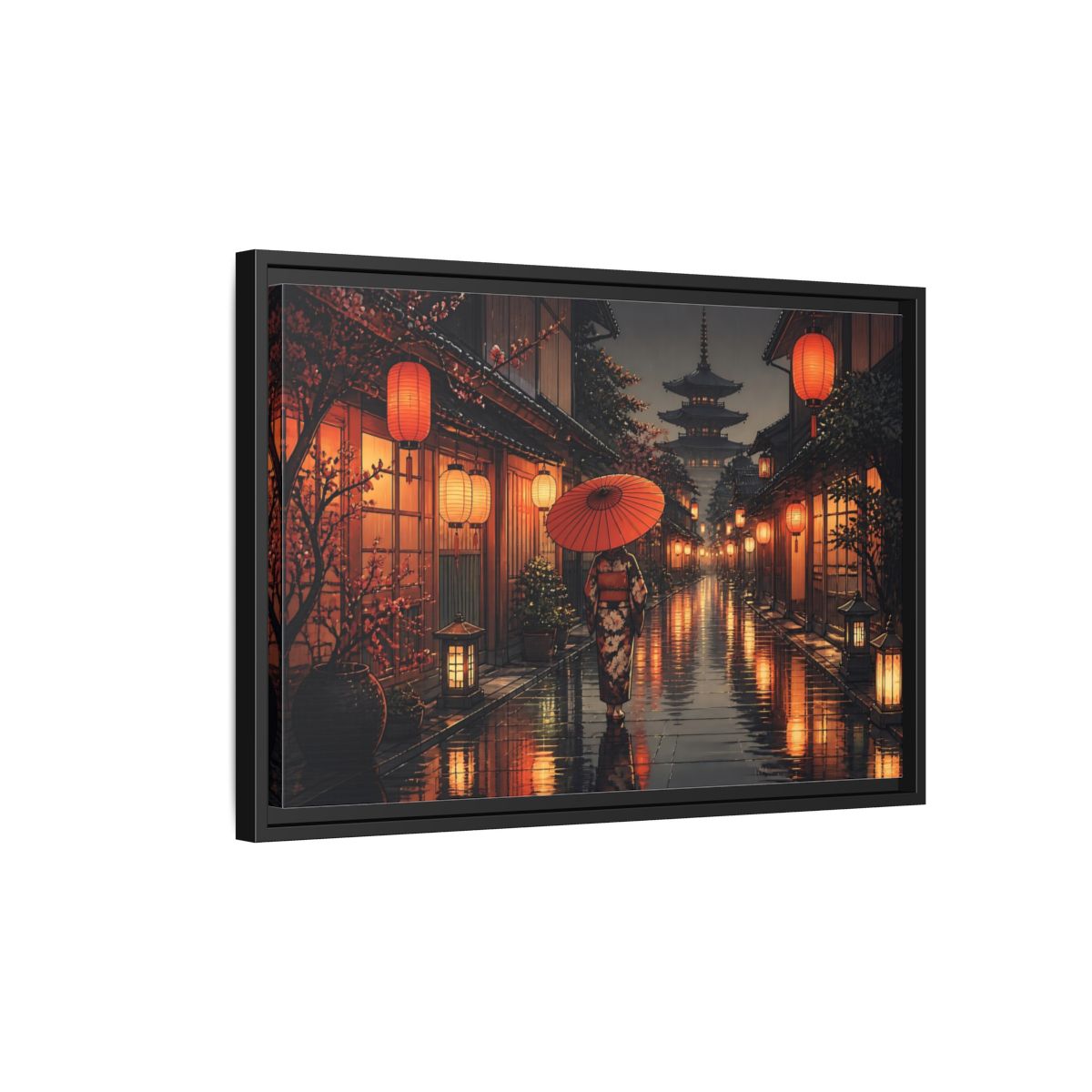 Side Mockup 3. Lantern-Lit Rainy Alley shown as framed canvas print