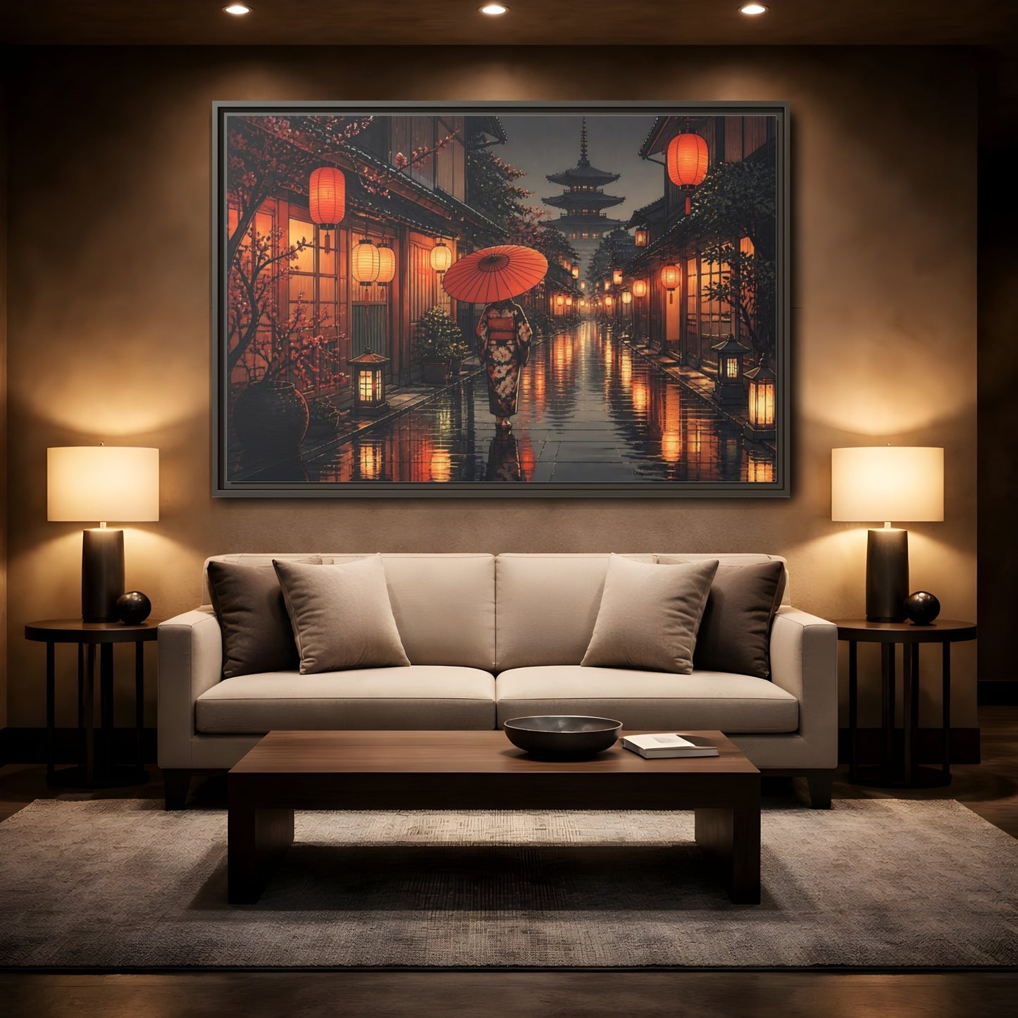 Mockup 2. Lantern-Lit Rainy Alley shown as framed canvas print