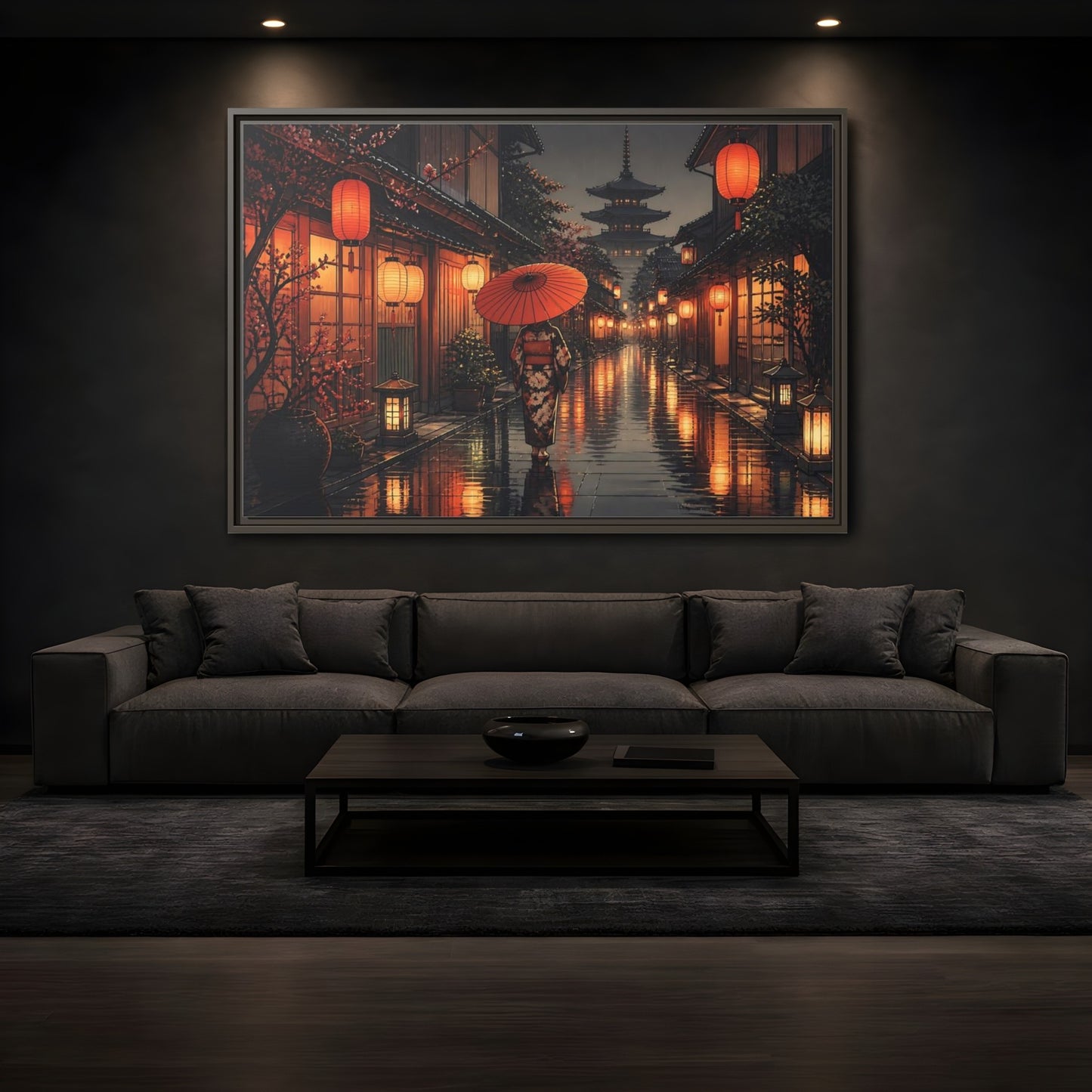 Mockup 3. Lantern-Lit Rainy Alley shown as framed canvas print