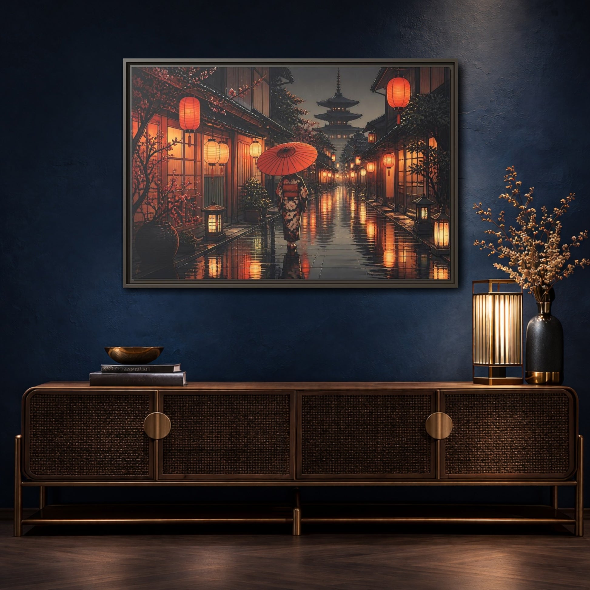 Mockup 4. Lantern-Lit Rainy Alley shown as framed canvas print