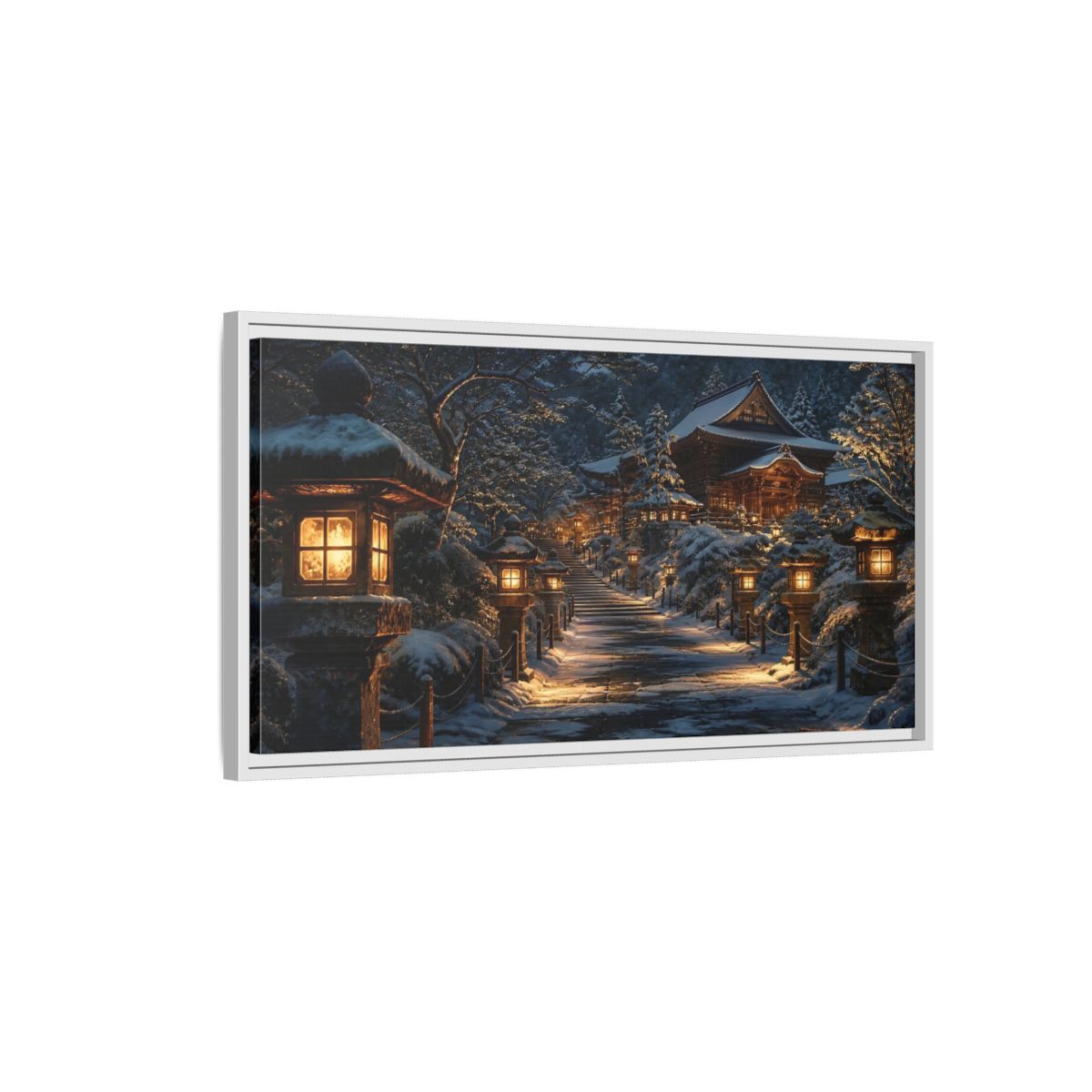 Side Mockup 1. Lantern-Lit Temple Path shown as framed canvas print