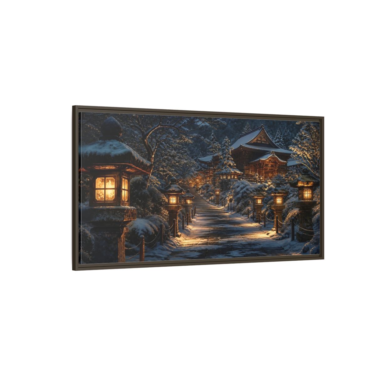 Side Mockup 4. Lantern-Lit Temple Path shown as framed canvas print